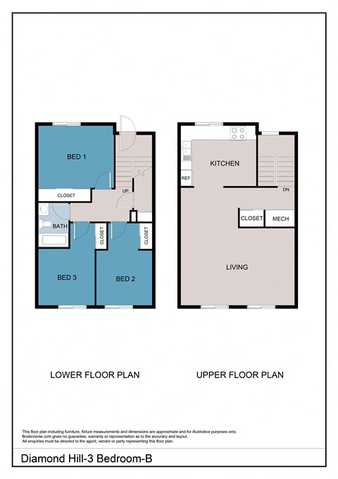 Floor plan for 3 beds, 1 bath, 1105 sqft